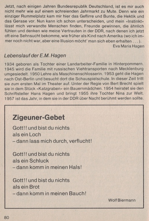 Eva-Maria Hagen, Text im „Gurtenbüchlein“ zum 4. Gurtenfestival Bern 1981, Redaktion © Daniel Leutenegger, www.ch-cultura.ch